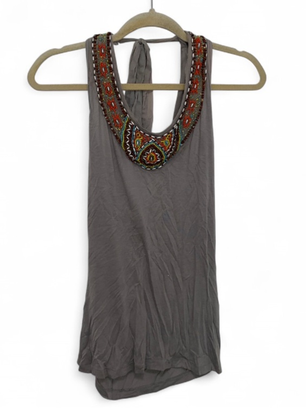 Y2K Magazine Embellished Beaded Scoop Neck Sleeveless Top - Gray